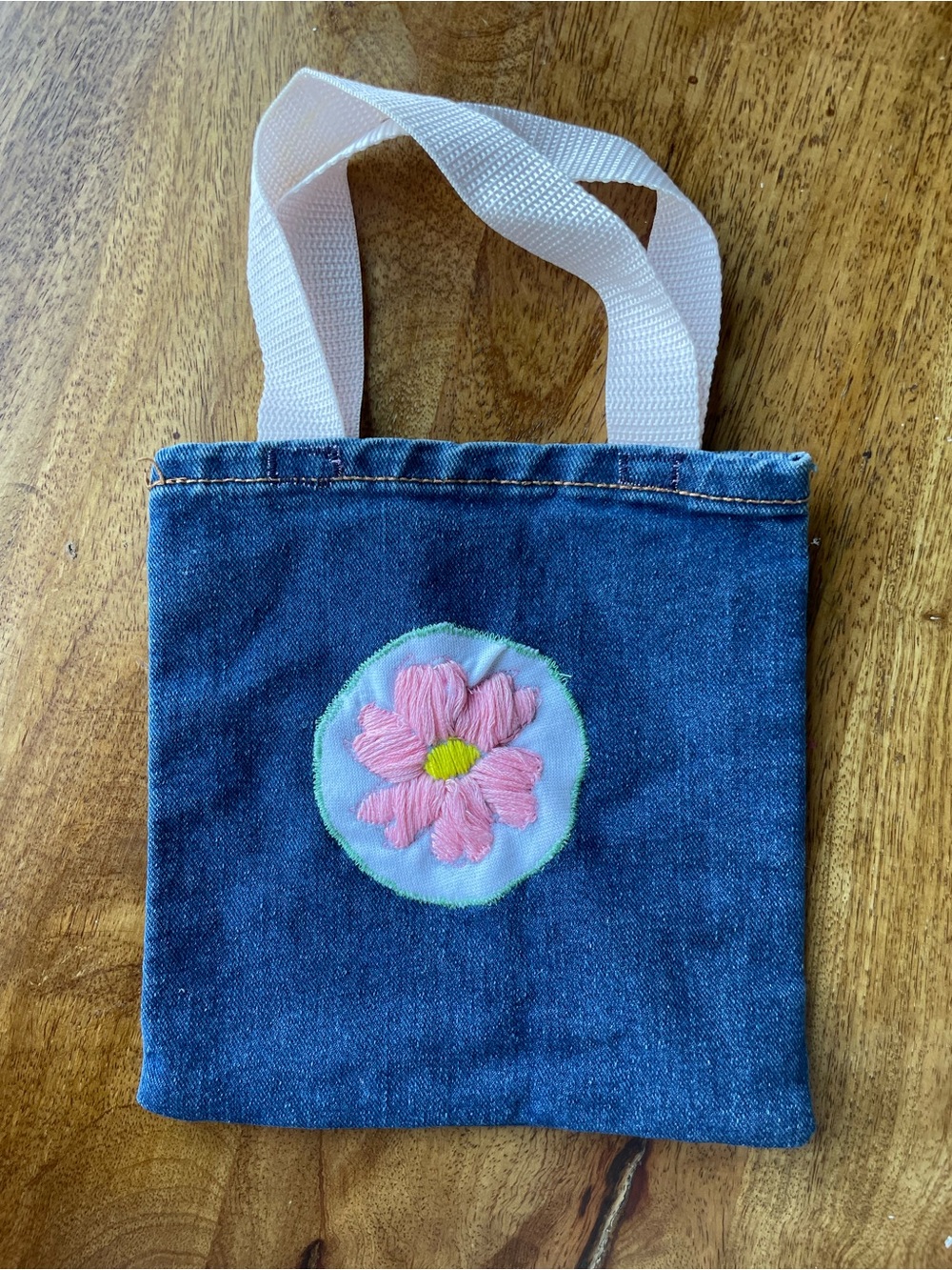 Mini Denim Tote Bag with Pink Embroidered Flower